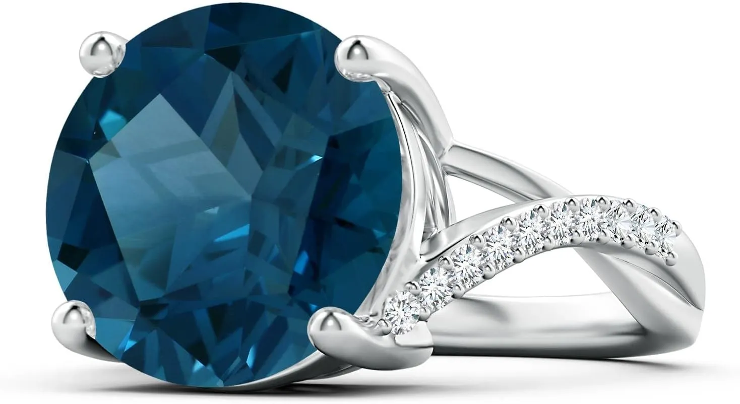 Angara Natural GIA Certified Solitaire 11.22 ct London Blue Topaz Twisted Split Shank Ring in 14K Solid Gold/Platinum for Women | November Birthstone Jewelry for Women