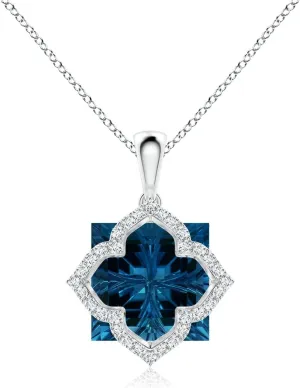 Angara Natural GIA Certified Square 9.37 ct London Blue Topaz and Diamond Clover Backset Pendant in 14K Solid Gold/Platinum for Women | November Birthstone Jewelry Gift for Women