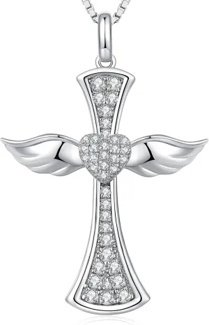 Angel Wing Cross Necklace for Women 925 Sterling Silver Infinity Cross Pendant Cross Jewelry for Women with Gift Box, Chain 18 inch