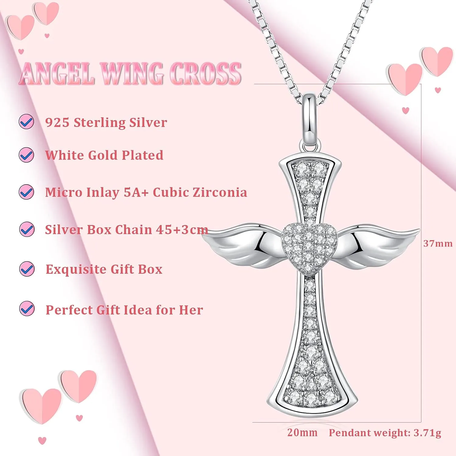 Angel Wing Cross Necklace for Women 925 Sterling Silver Infinity Cross Pendant Cross Jewelry for Women with Gift Box, Chain 18 inch