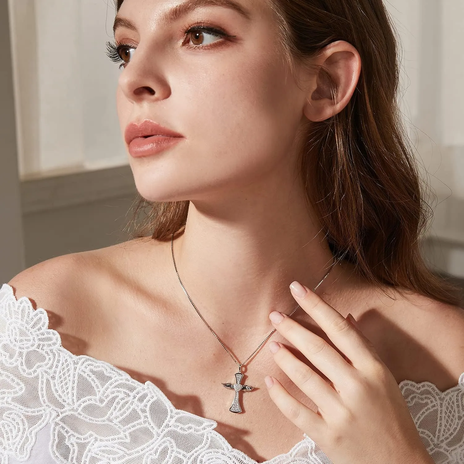 Angel Wing Cross Necklace for Women 925 Sterling Silver Infinity Cross Pendant Cross Jewelry for Women with Gift Box, Chain 18 inch