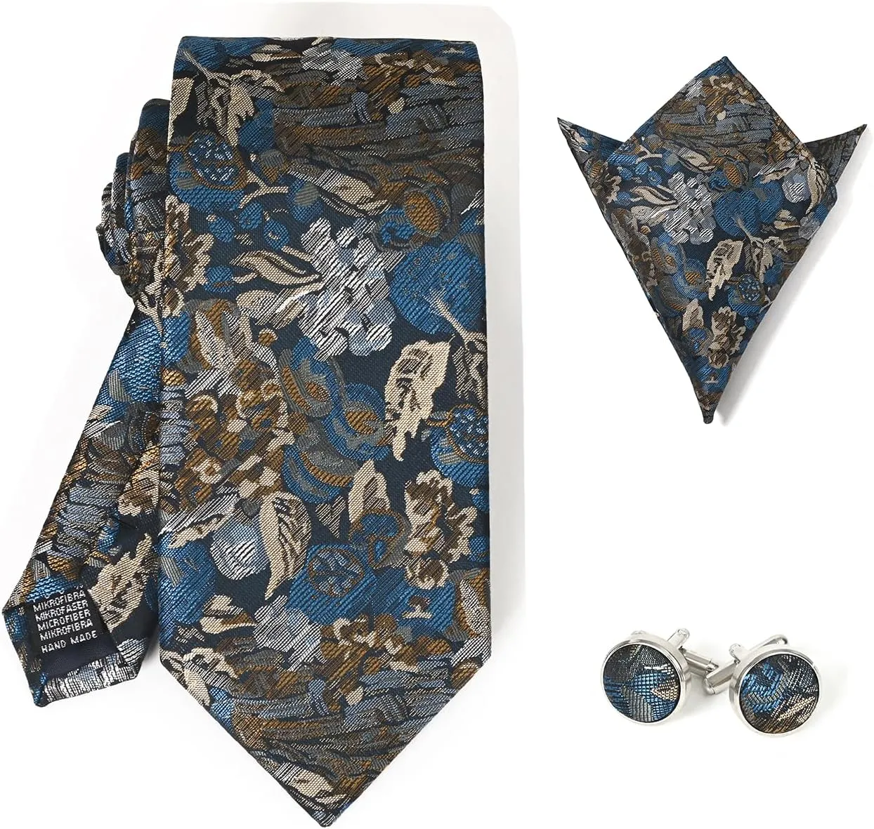 Antique Grace 100% Microfiber Men's Tie Set in Gift Box with 3.15'' (8cm) Tie, Pocket Square, and Cufflinks