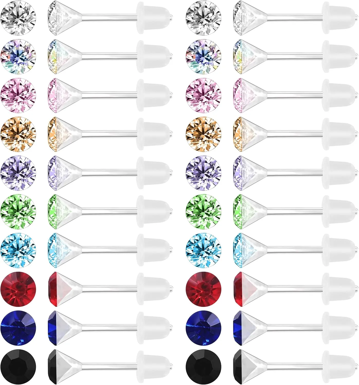 AoedeJ 40 Pcs Colorful Earrings Cubic Zirconia Earrings Studs Hypoallergenic With Plastic Post For Women Multipack (4mm)