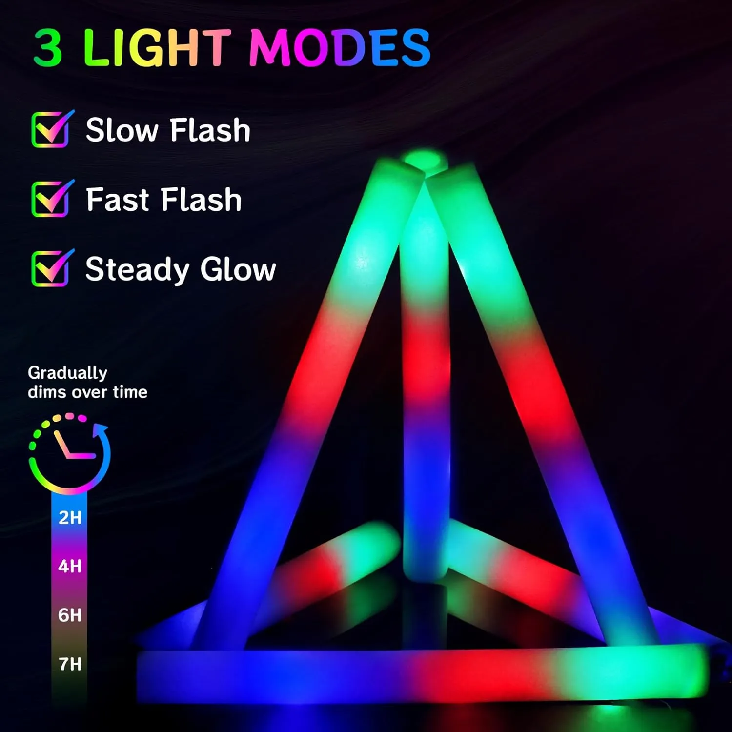 AOWDIAO 24 Pack Foam LED Glow Sticks  16-Inch & 3 Lighting Modes  Light Up Neon Glow Wands Party Supplies for Weddings, Concerts, Festivals, Birthdays, Camping