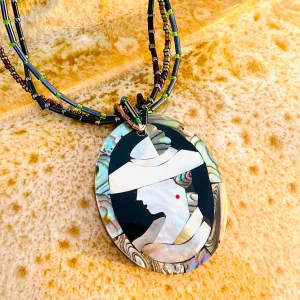 Art Deco Woman in Hat Vintage Inlaid Mother of Pearl Beaded Multi Color Necklace