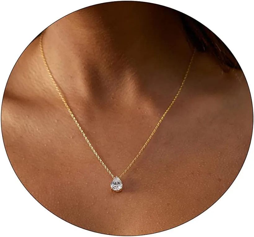ASCOMY Dainty CZ Diamond Solitaire Pendant Necklaces for Women 14K Gold Plated Single Round Cubic Zirconia Square Simulated Diamond Choker Necklace Bride Bridesmaid Weeding Jewelry Gifts