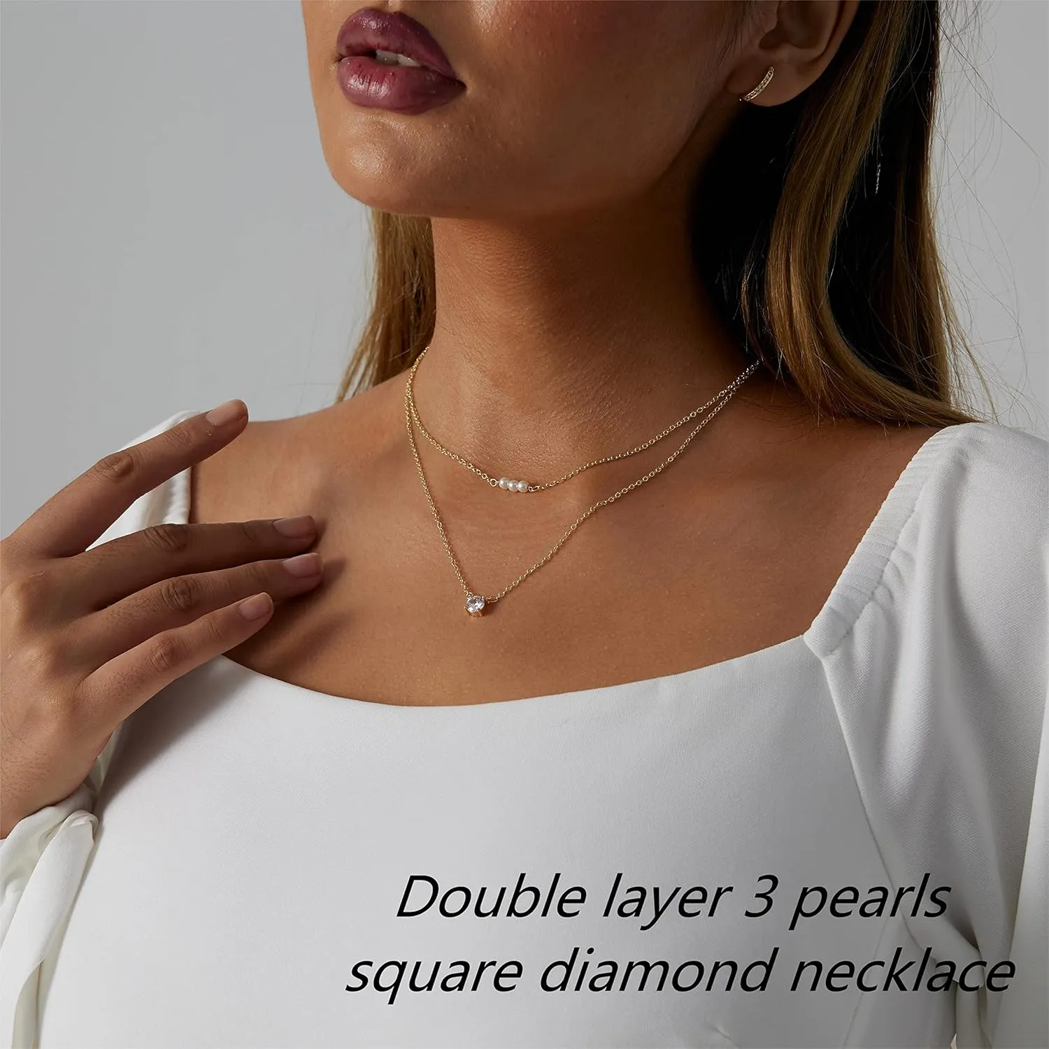 ASCOMY Dainty CZ Diamond Solitaire Pendant Necklaces for Women 14K Gold Plated Single Round Cubic Zirconia Square Simulated Diamond Choker Necklace Bride Bridesmaid Weeding Jewelry Gifts