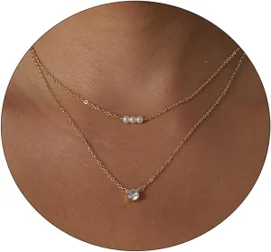 ASCOMY Dainty CZ Diamond Solitaire Pendant Necklaces for Women 14K Gold Plated Single Round Cubic Zirconia Square Simulated Diamond Choker Necklace Bride Bridesmaid Weeding Jewelry Gifts