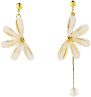 Asymmetry Flower Pearl Stud Dangle Drop Earrings for Women Gold Plated Dainty Statement Tassel Dangling Lightweight Holiday Party Hypoallergenic Fashion Wedding Jewelry