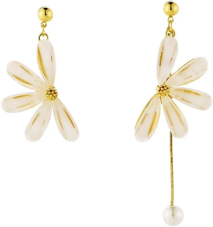 Asymmetry Flower Pearl Stud Dangle Drop Earrings for Women Gold Plated Dainty Statement Tassel Dangling Lightweight Holiday Party Hypoallergenic Fashion Wedding Jewelry