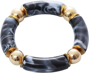 Bamboo Tube Beaded Acrylic Bangle Bracelets Gold Plated Colorful Chunky Curved Tube with Gold Pieces Beads Stretch Bracelet Friendship Summer Beach Jewelry for Women