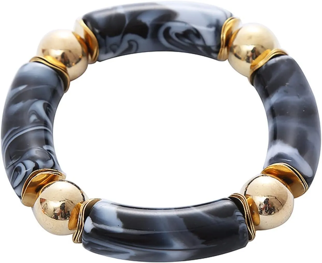 Bamboo Tube Beaded Acrylic Bangle Bracelets Gold Plated Colorful Chunky Curved Tube with Gold Pieces Beads Stretch Bracelet Friendship Summer Beach Jewelry for Women