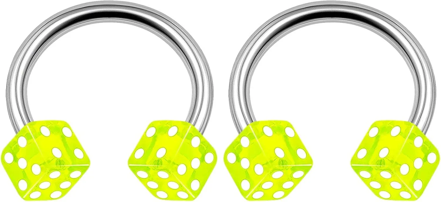 BanaVega 2PCS Stainless Steel Green Horseshoe Hoop 14 Gauge 3/8 10mm 4mm Dice Acrylic Nose Lobe Earrings Labret Piercing Jewelry 3204