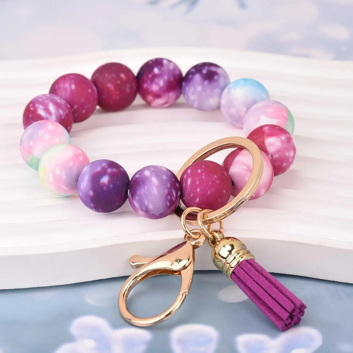 BAOSIWA Silicone Beaded Keychain Wristlet Key Ring Bracelet Cute Car Key Chain Holder for Women Girls