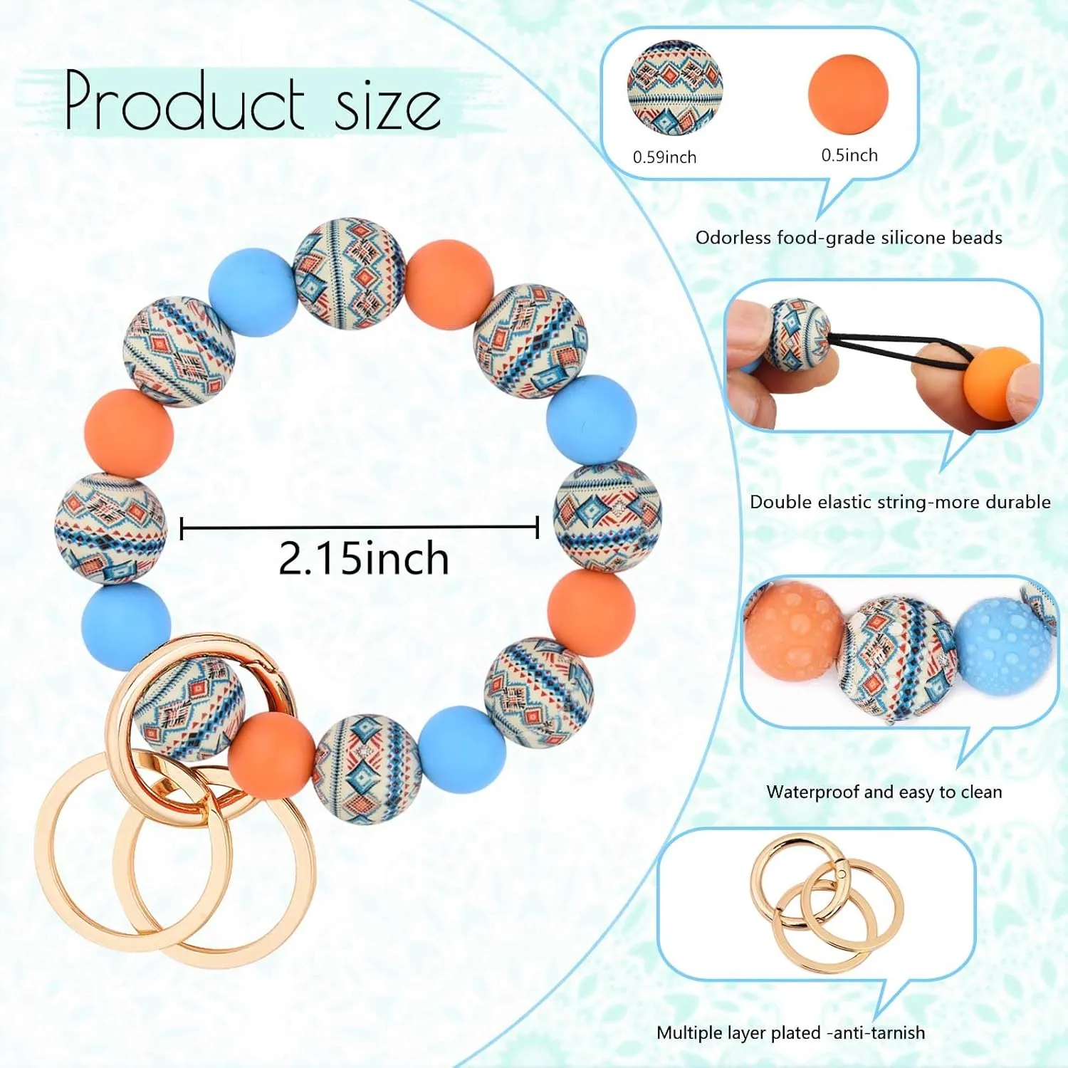 BAOSIWA Silicone Beaded Keychain Wristlet Key Ring Bracelet with 2 Keyrings for Women Girls, Fits for Small Wrist
