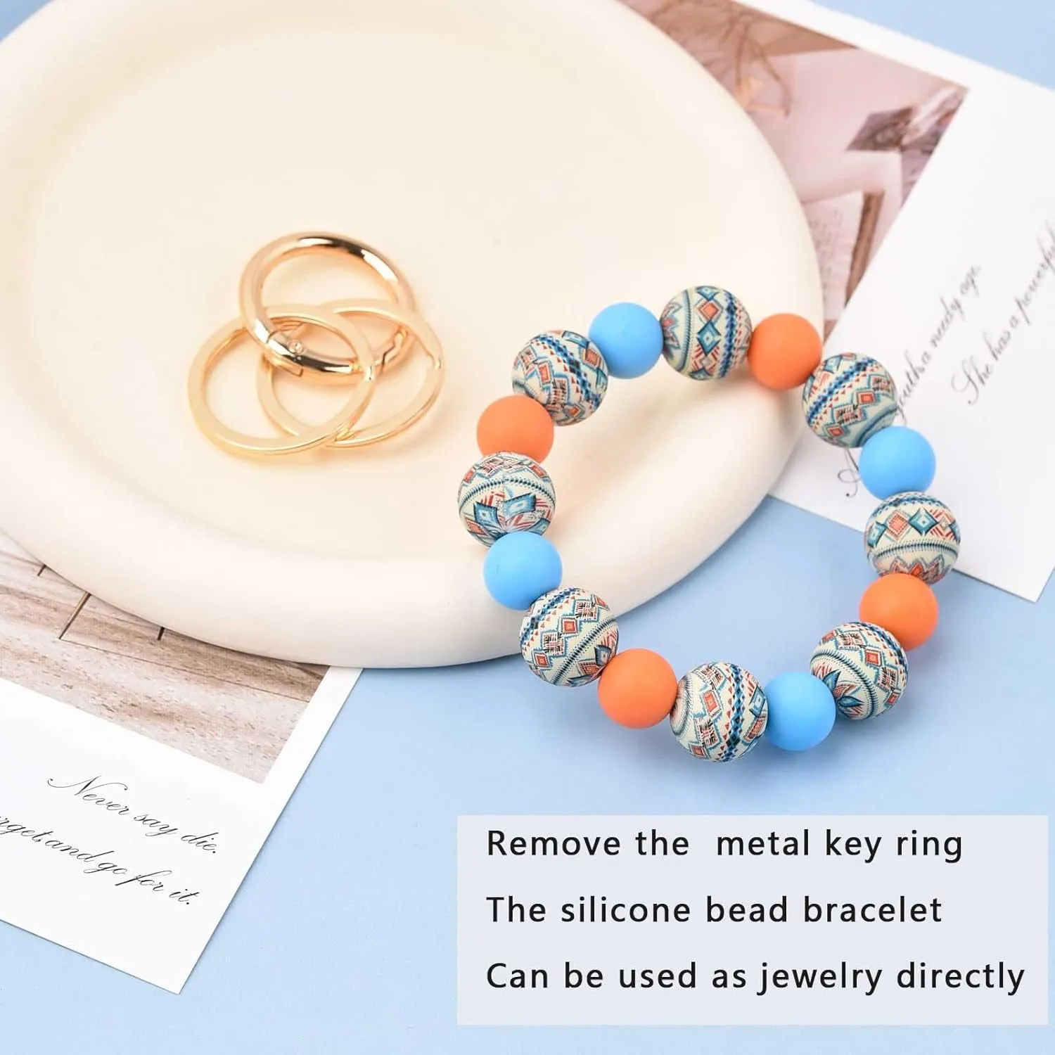 BAOSIWA Silicone Beaded Keychain Wristlet Key Ring Bracelet with 2 Keyrings for Women Girls, Fits for Small Wrist