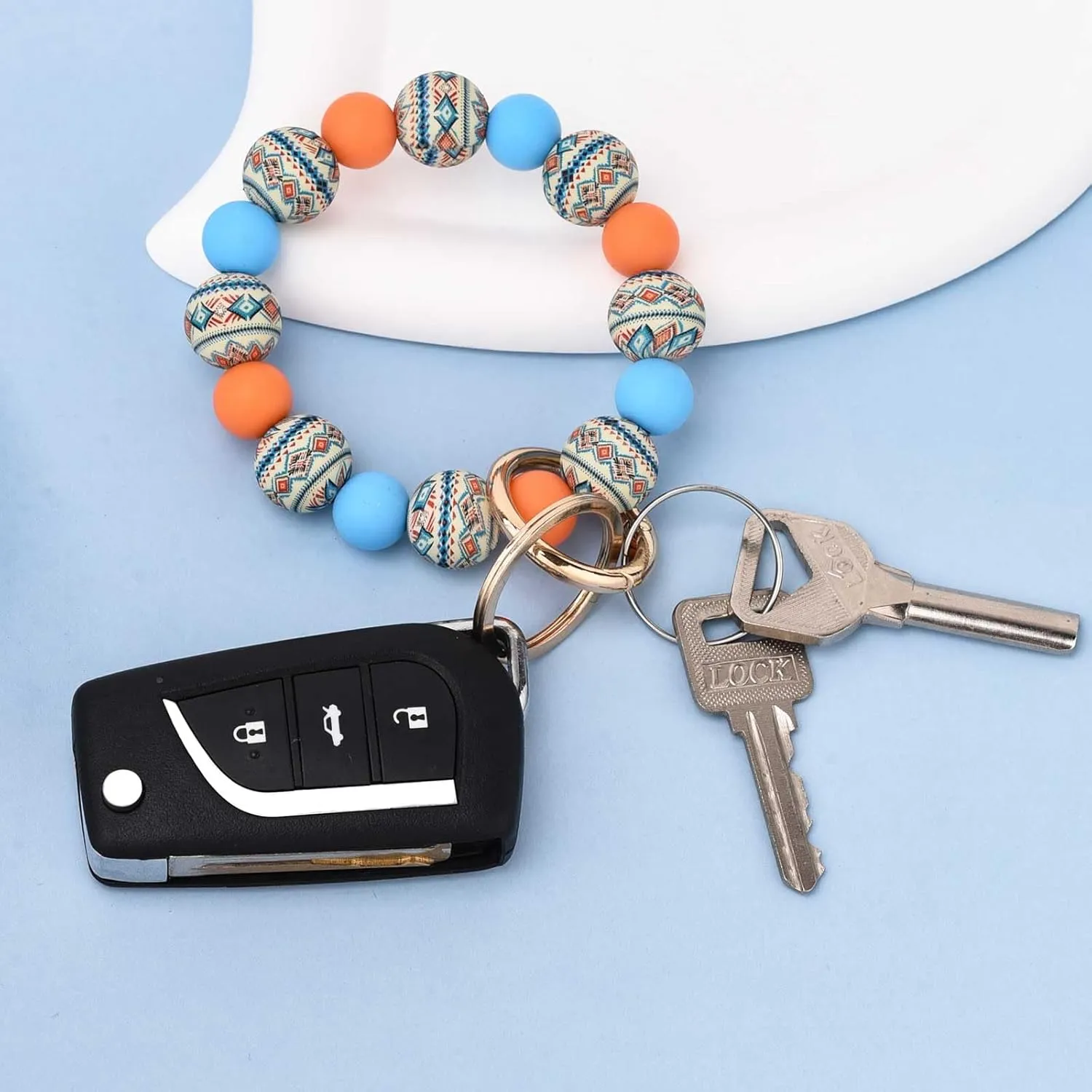 BAOSIWA Silicone Beaded Keychain Wristlet Key Ring Bracelet with 2 Keyrings for Women Girls, Fits for Small Wrist