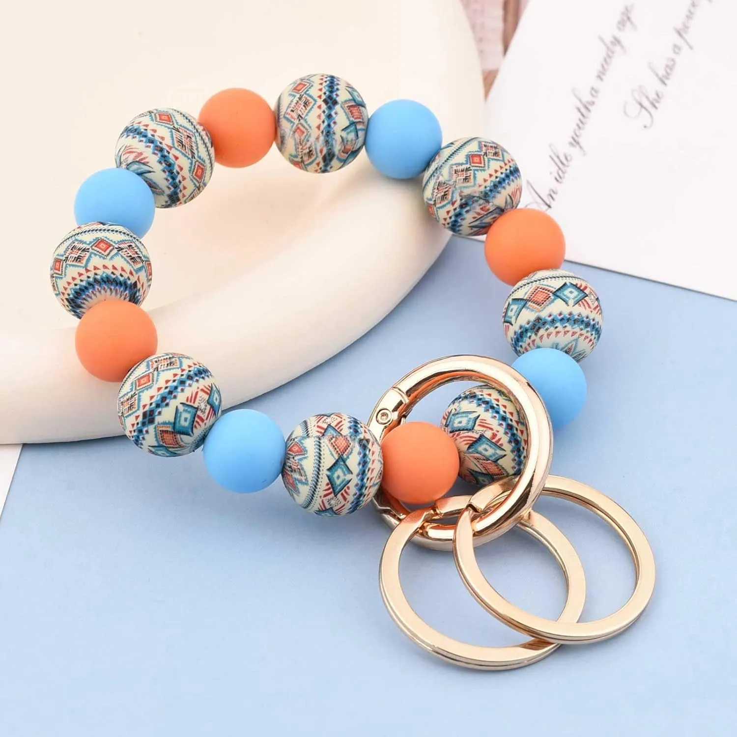 BAOSIWA Silicone Beaded Keychain Wristlet Key Ring Bracelet with 2 Keyrings for Women Girls, Fits for Small Wrist
