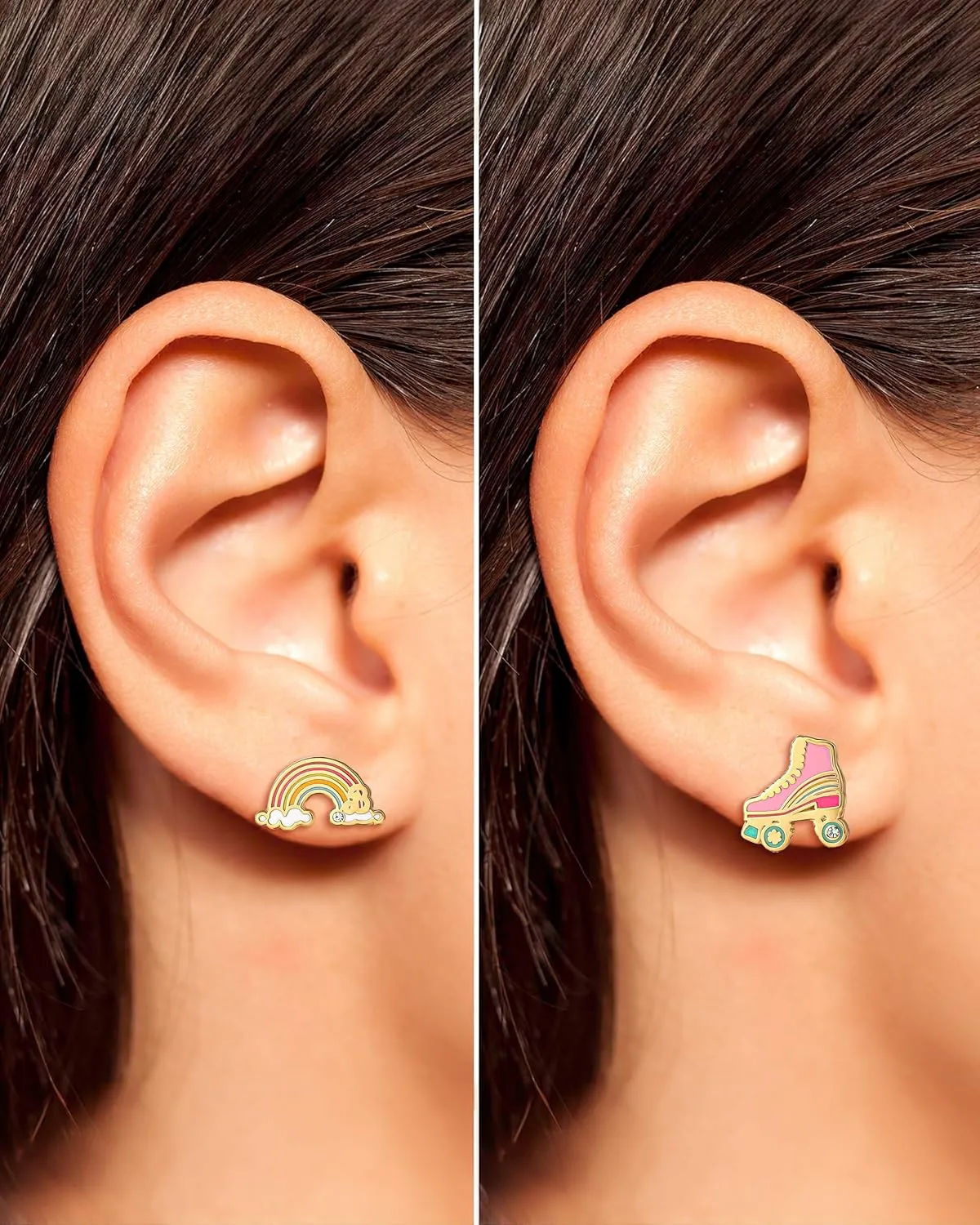 Barbie Stud Earrings 2-Pack Official License, 18k Gold Flash-Plated and Enamel Barbie Earrings for Women with Crystal Accent