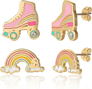 Barbie Stud Earrings 2-Pack Official License, 18k Gold Flash-Plated and Enamel Barbie Earrings for Women with Crystal Accent
