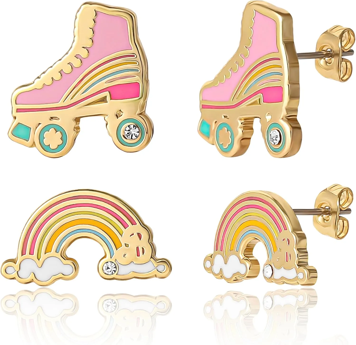 Barbie Stud Earrings 2-Pack Official License, 18k Gold Flash-Plated and Enamel Barbie Earrings for Women with Crystal Accent