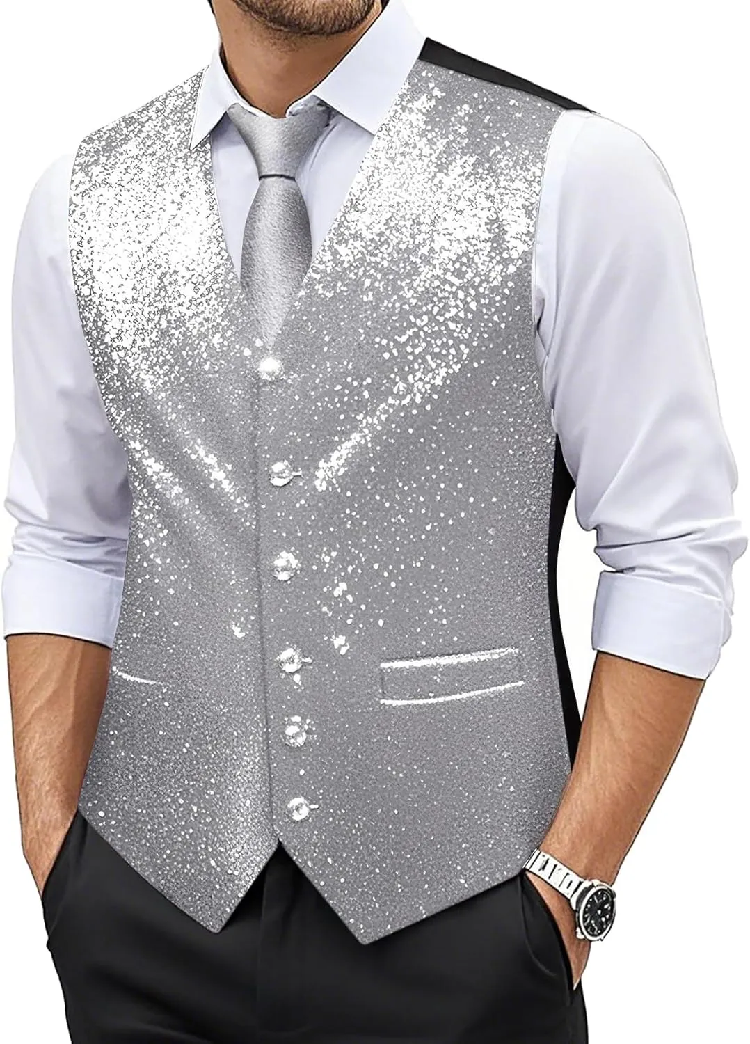 Barry.Wang Mens Sequin Vest Tie Clip Bowtie Set V-neck Shiny Waistcoat Pocket Square Lapel Pin Party Prom Tuxedo 6PCS