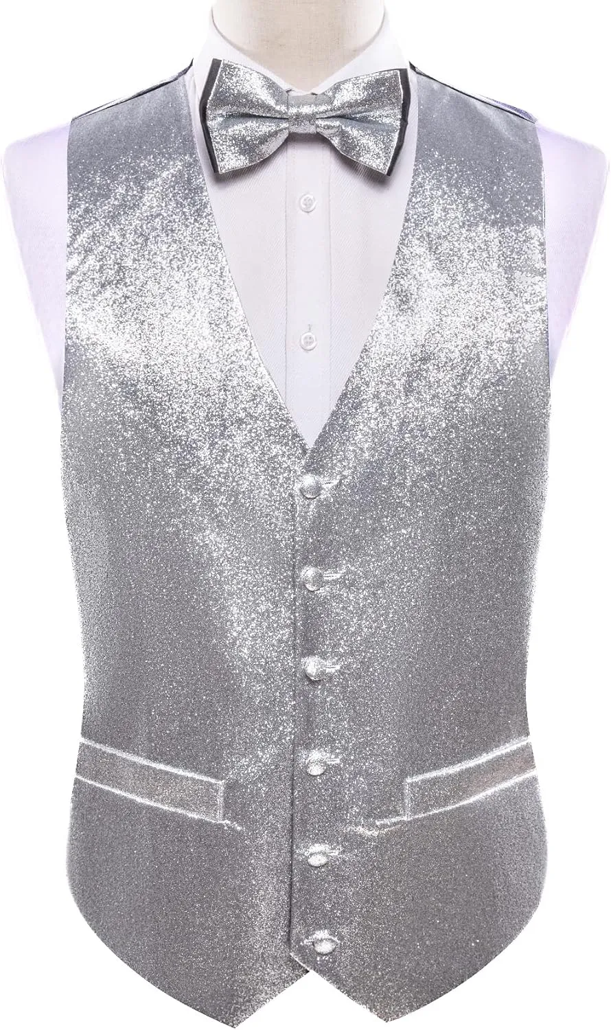Barry.Wang Mens Sequin Vest Tie Clip Bowtie Set V-neck Shiny Waistcoat Pocket Square Lapel Pin Party Prom Tuxedo 6PCS
