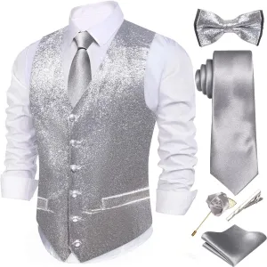Barry.Wang Mens Sequin Vest Tie Clip Bowtie Set V-neck Shiny Waistcoat Pocket Square Lapel Pin Party Prom Tuxedo 6PCS