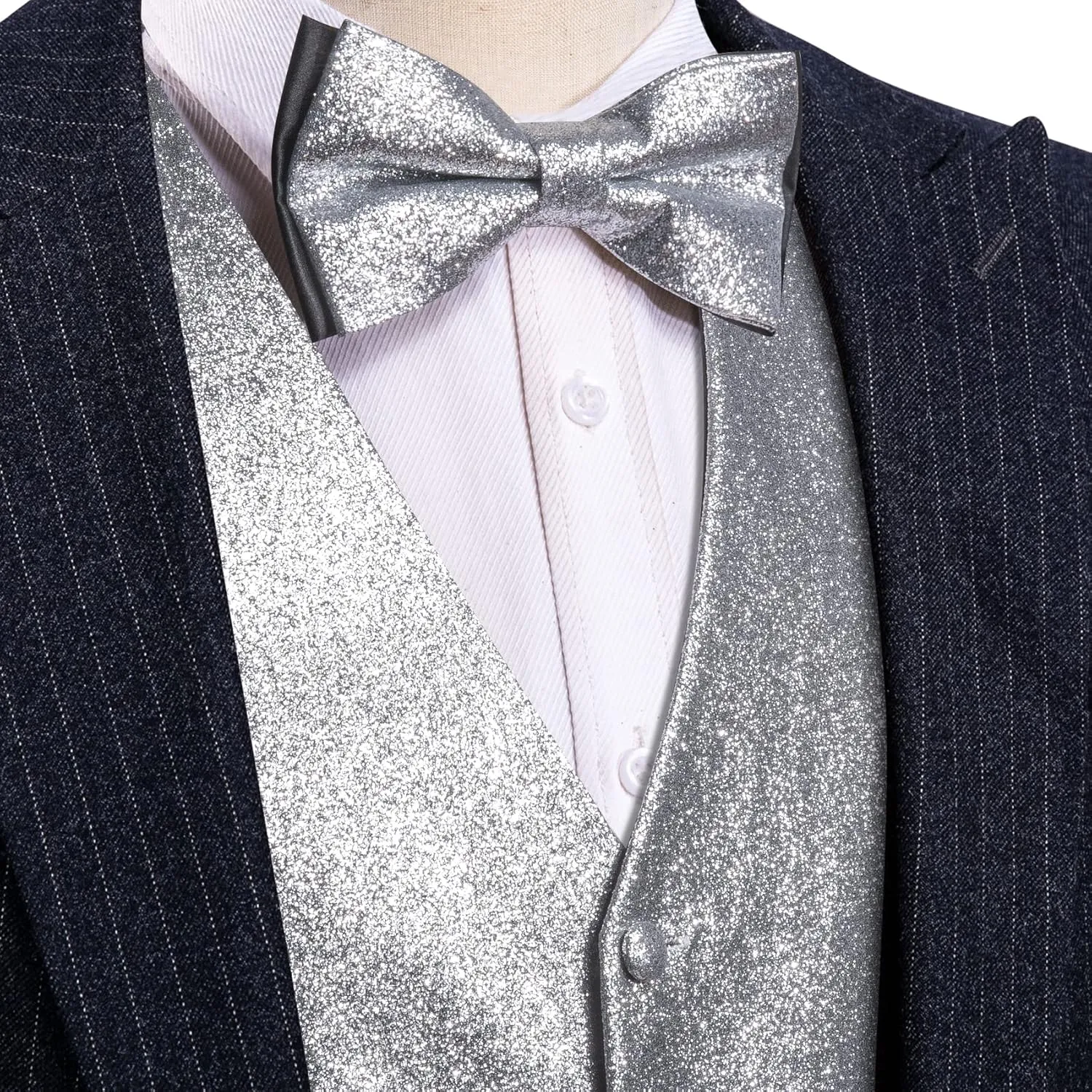 Barry.Wang Mens Sequin Vest Tie Clip Bowtie Set V-neck Shiny Waistcoat Pocket Square Lapel Pin Party Prom Tuxedo 6PCS