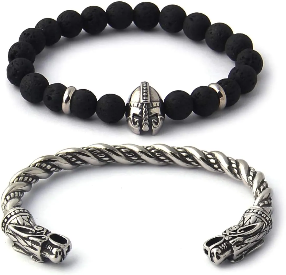 BAVIPOWER Handcrafted Wolf Heads Bangle Adjustable Stainless Steel Norse Scandinavian Bracelet Authentic Viking Jewelry