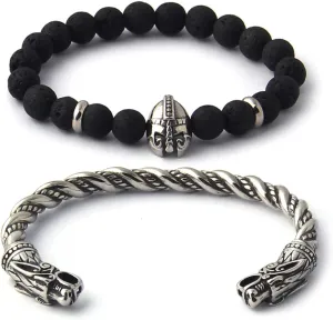 BAVIPOWER Handcrafted Wolf Heads Bangle Adjustable Stainless Steel Norse Scandinavian Bracelet Authentic Viking Jewelry