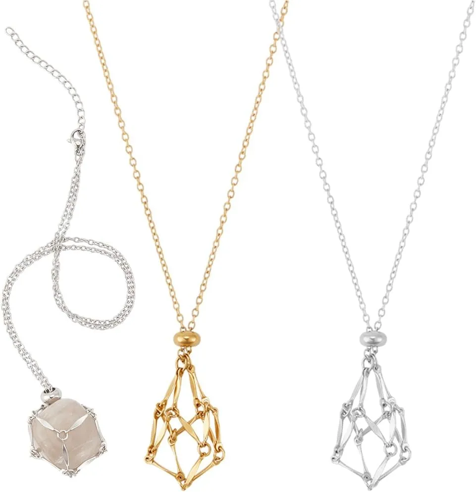 Beebeecraft 1 Box 2Pcs Crystal Necklace Holder Bulk 18K Gold Plated Stainless Steel Adjustable Empty Stone Cage Necklaces Gemstone Jewelry Metal Empty Pendant Net for Women Men Jewelry DIY Accessories