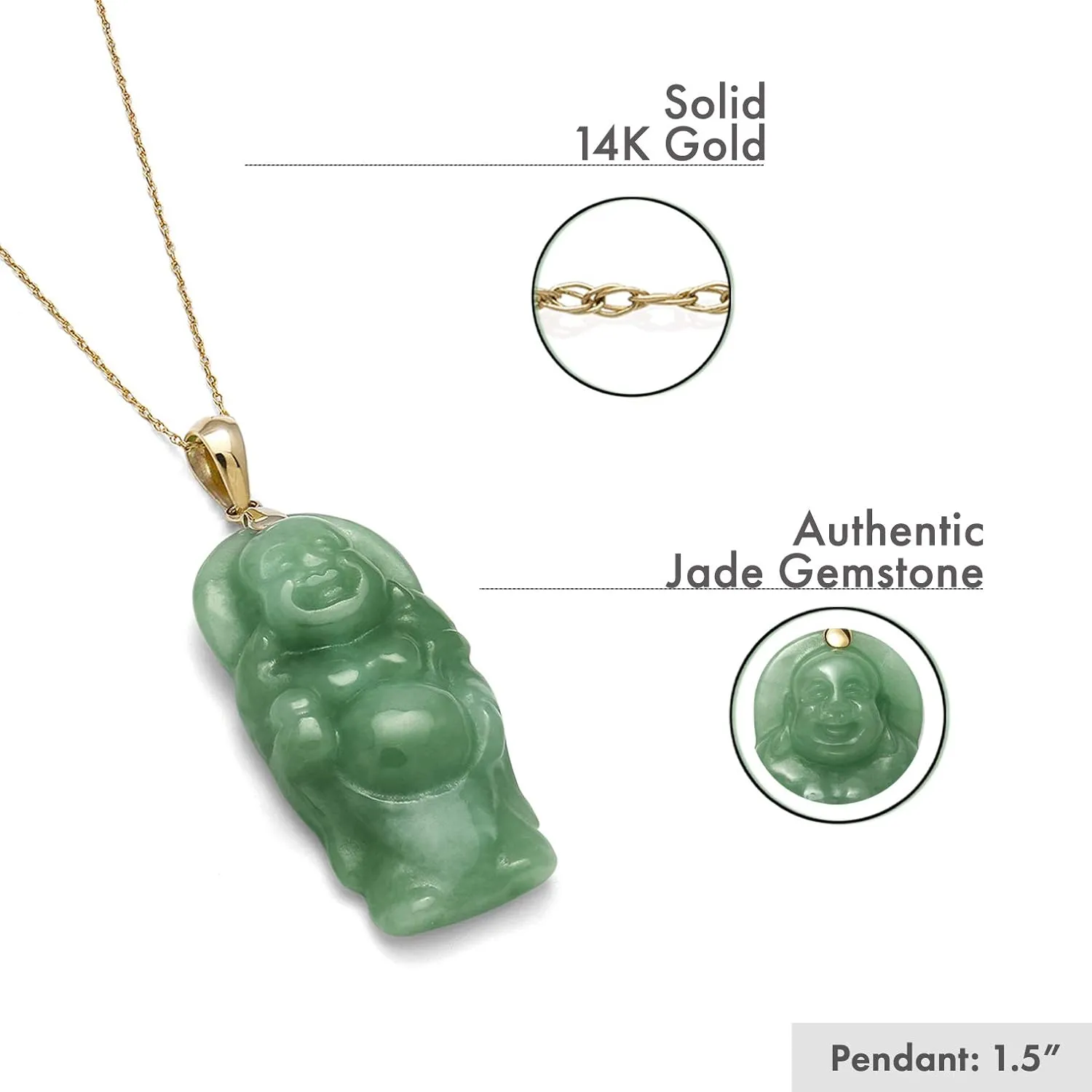 Belacqua Natural Buddha Jade Pendant Necklace for Women | 14K Yellow Gold 18" Rope Chain With Spring Ring Clasp | Jewelry for Her | Gift Box Included