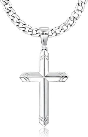Besteel 925 Sterling Silver Cross Necklace for Men Women, 5MM Durable Stainless Steel Diamond Cut Cuban Link Curb Chain with Silver Cross Pendant, Mens Cross Crucifix Necklaces Jewelry 16-30 Inches