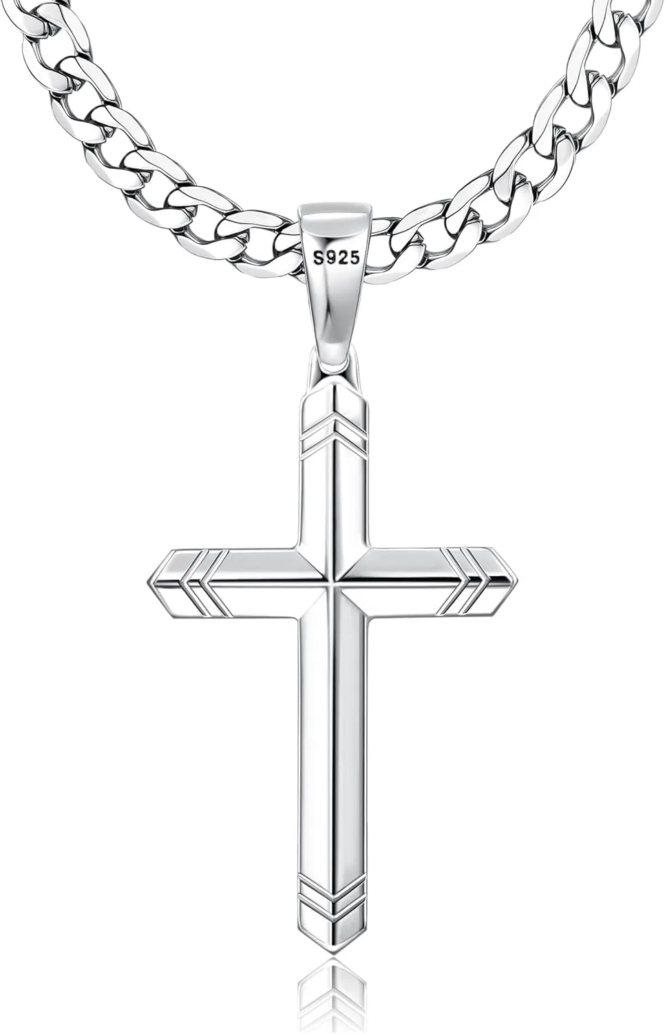 Besteel 925 Sterling Silver Cross Necklace for Men Women, 5MM Durable Stainless Steel Diamond Cut Cuban Link Curb Chain with Silver Cross Pendant, Mens Cross Crucifix Necklaces Jewelry 16-30 Inches