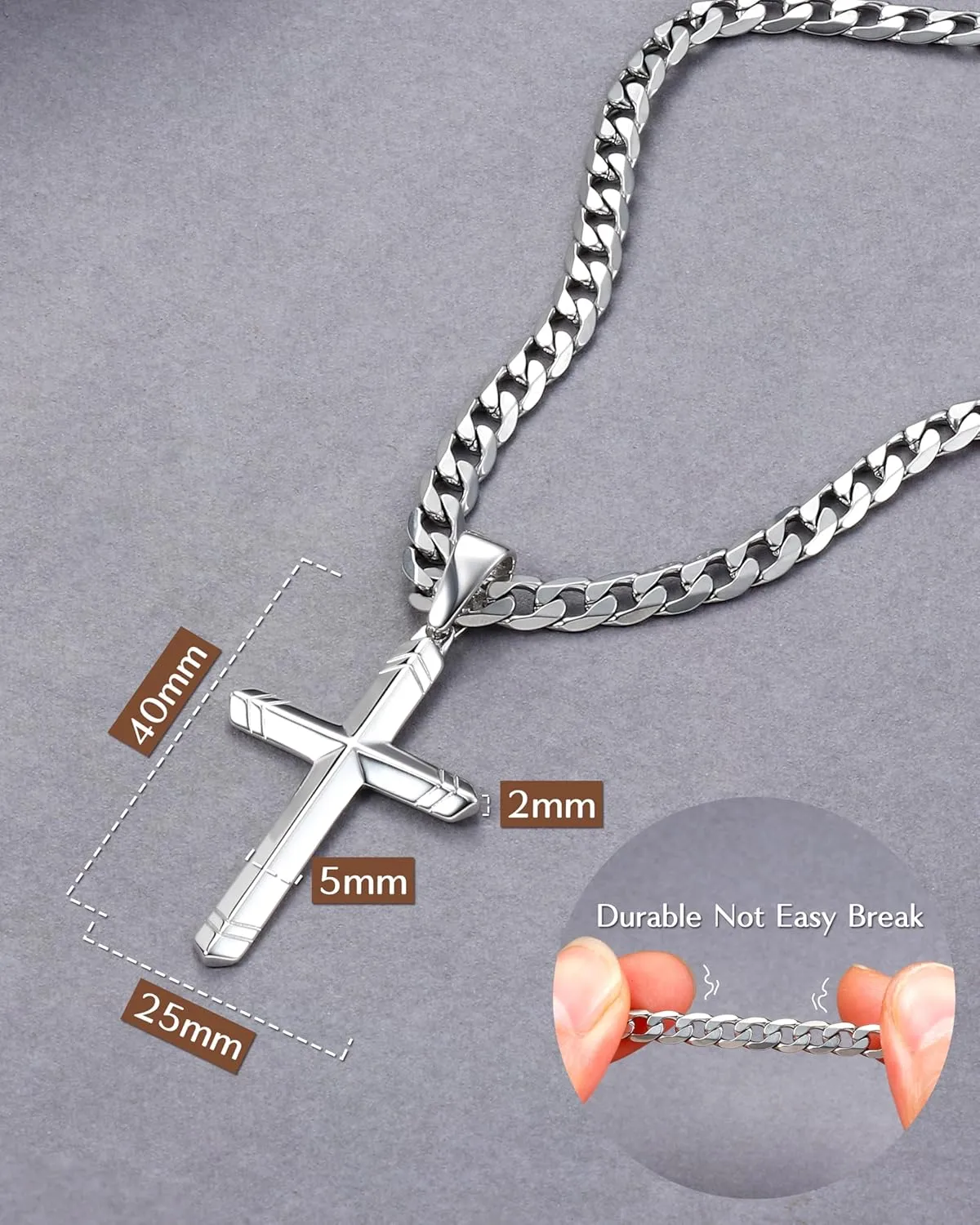 Besteel 925 Sterling Silver Cross Necklace for Men Women, 5MM Durable Stainless Steel Diamond Cut Cuban Link Curb Chain with Silver Cross Pendant, Mens Cross Crucifix Necklaces Jewelry 16-30 Inches