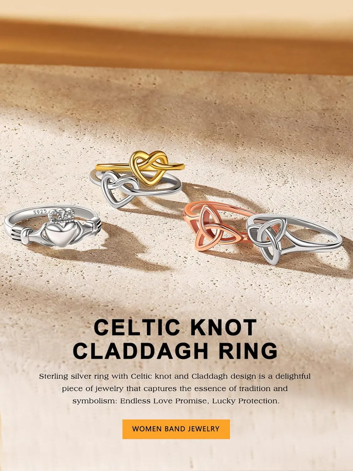 Bestyle 925 Sterling Silver Ring for Women, Minimalist Claddagh Ring Celtic Knot Ring for Women, Irish Promise Wedding Band, Gold/Rose Gold Vermeil Women Band Ring, Stackable, Gift for Her