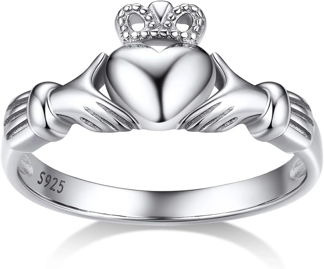 Bestyle 925 Sterling Silver Ring for Women, Minimalist Claddagh Ring Celtic Knot Ring for Women, Irish Promise Wedding Band, Gold/Rose Gold Vermeil Women Band Ring, Stackable, Gift for Her