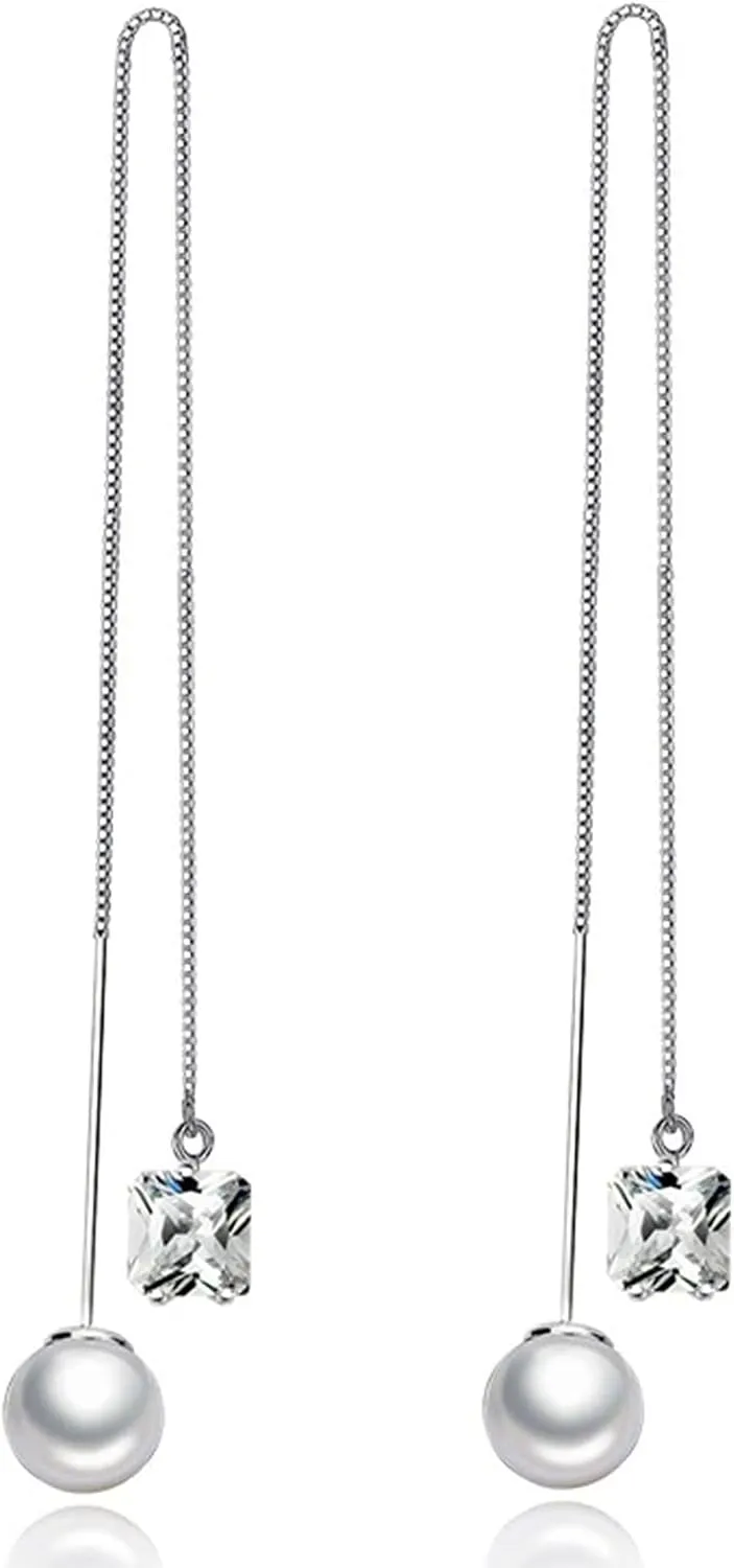 BG&WLing Pearl Sterling Silver Threader Earrings for Women Hypoallergenic White Green Square Rhinestone Crystal Long Tassel Earrings Dangling Fashion Jewelry