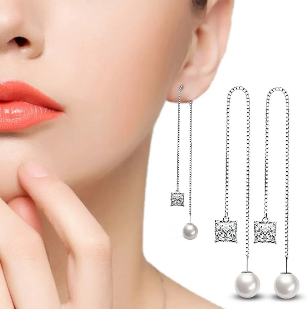 BG&WLing Pearl Sterling Silver Threader Earrings for Women Hypoallergenic White Green Square Rhinestone Crystal Long Tassel Earrings Dangling Fashion Jewelry