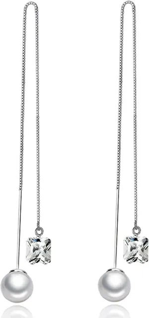 BG&WLing Pearl Sterling Silver Threader Earrings for Women Hypoallergenic White Green Square Rhinestone Crystal Long Tassel Earrings Dangling Fashion Jewelry