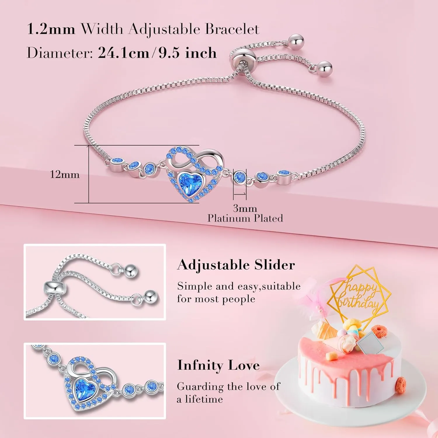 Birthstone Bracelets for Women Trendy: Infinity Heart Tennis Bracelet with Cubic Zirconia, Adjustable Silver Bracelet Christmas Mother's Day Birthday Anniversary Jewelry Gifts for Women Wife Mom