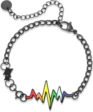 Bisexual Bracelet Heartbeat Rainbow Bracelet Friendship Bracelet Chain for Gay & Lesbian LGBTQ Wristband Adjustable Gay Bracelet Gifts for Men Women
