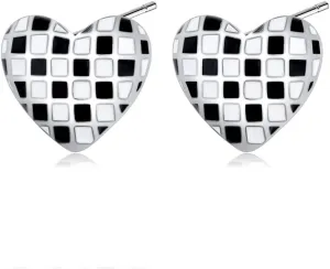 Black and White Plaid Heart Stud Earrings Enamel Checkered Love Heart Hypoallergenic Piercing Studs Earring Fashion Simple Mother's Day Valentine's Jewelry Gifts for Women Mother