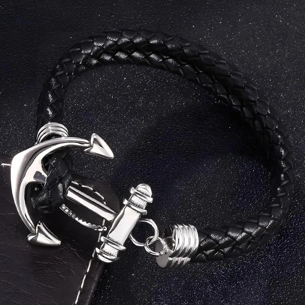 Black Braided Leather Bracelet for Men - Double Strand Genuine Leather with Metal Ornaments, Artisan Handcrafted Premium Gift for Him