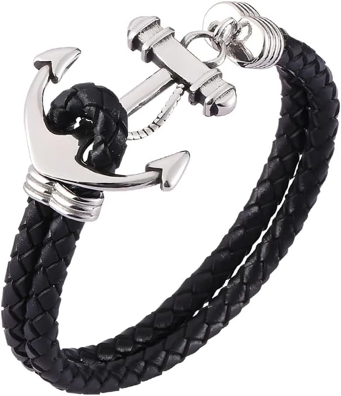 Black Braided Leather Bracelet for Men - Double Strand Genuine Leather with Metal Ornaments, Artisan Handcrafted Premium Gift for Him