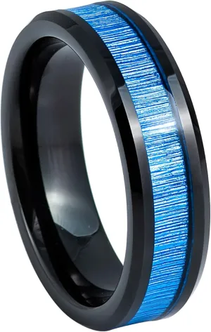 Black IP 6mm Beveled Edge Imitation Bamboo Grain Fiber Inlay Wedding Band Comfort Fit - Womens Tungsten Carbide Ring