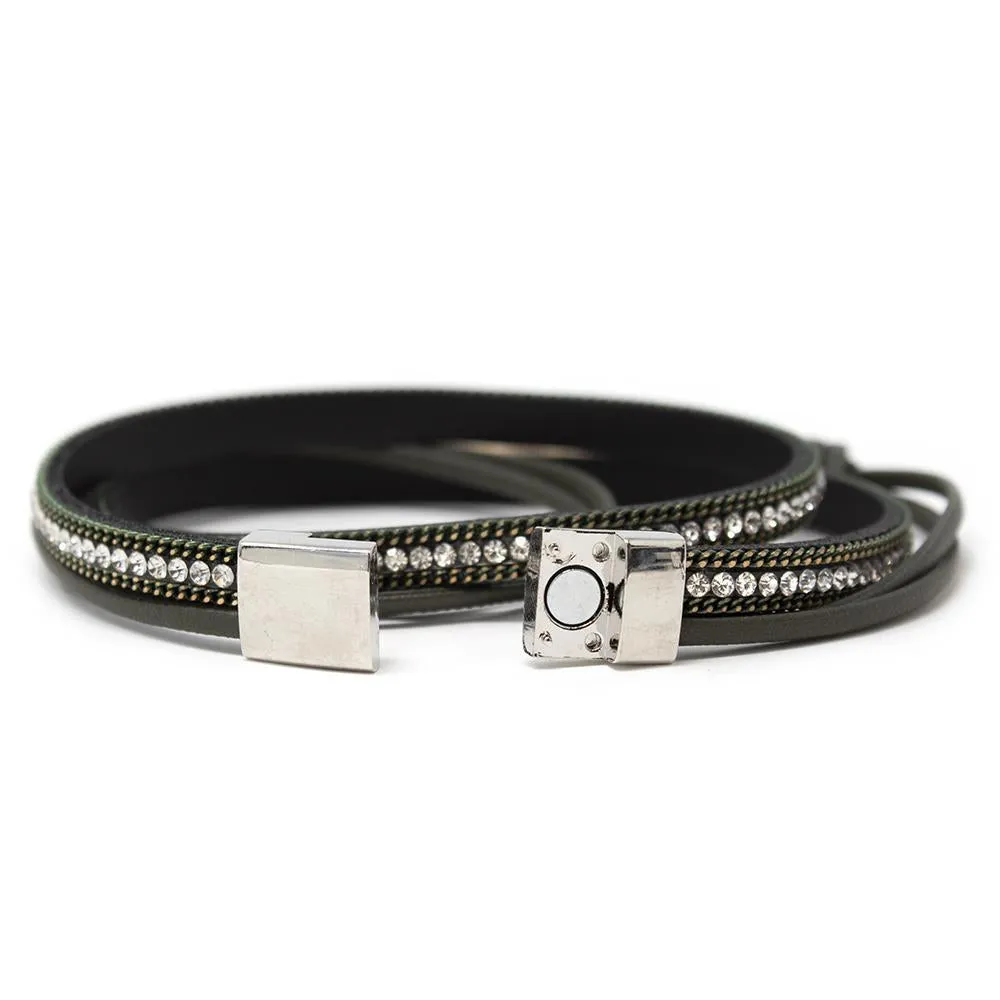 Black Leather Wrap Bracelet with Six Pearls Station
