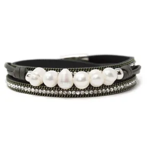 Black Leather Wrap Bracelet with Six Pearls Station