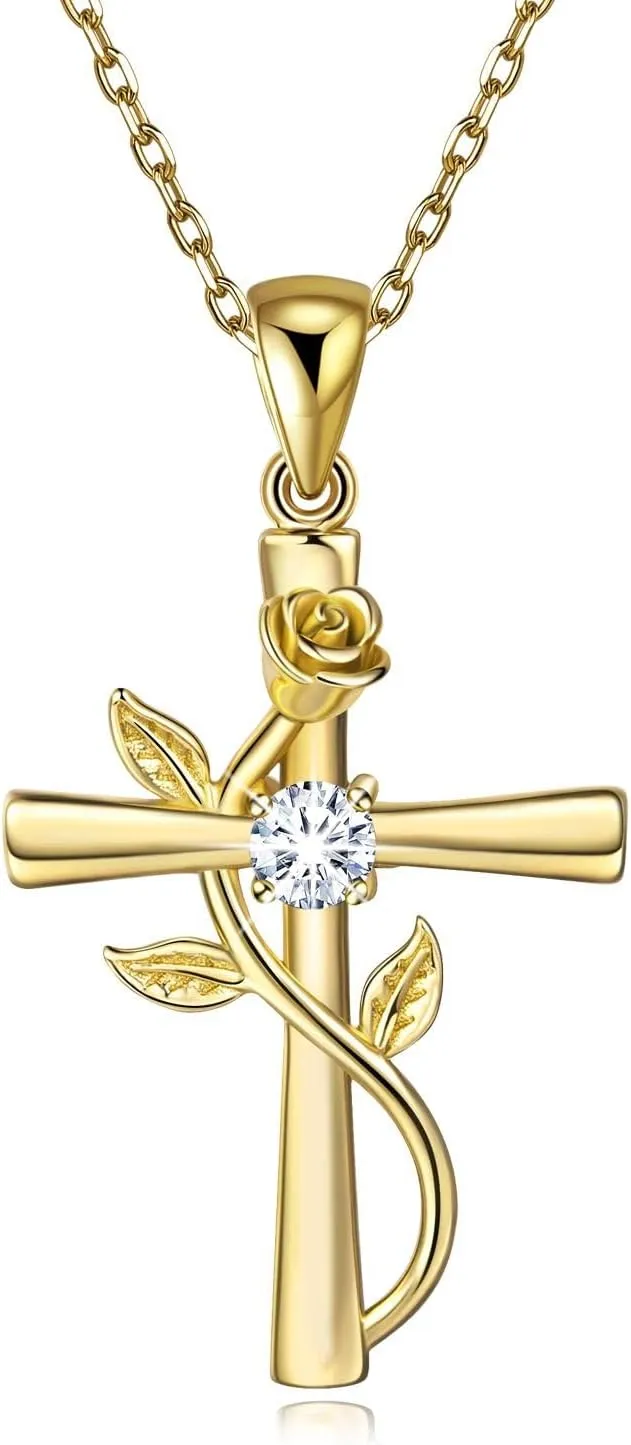 BlingGem Cross Necklace for Women Sterling Silver Cross Necklaces Pendant White/Rose/Gold Plated Cubic Zirconia Flower Necklace Gifts for Women